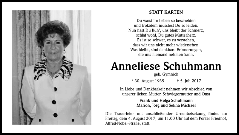  Traueranzeige für Anneliese Schuhmann vom 29.07.2017 aus Kölner Stadt-Anzeiger / Kölnische Rundschau / Express