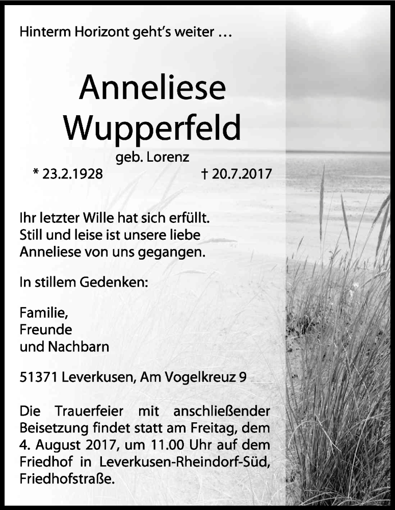  Traueranzeige für Anneliese Wupperfeld vom 29.07.2017 aus Kölner Stadt-Anzeiger / Kölnische Rundschau / Express