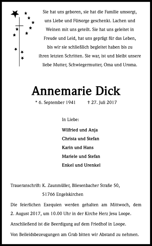  Traueranzeige für Annemarie Dick vom 01.08.2017 aus Kölner Stadt-Anzeiger / Kölnische Rundschau / Express