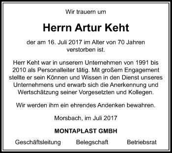 Anzeige von Artur Keht von Kölner Stadt-Anzeiger / Kölnische Rundschau / Express