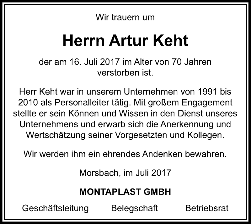  Traueranzeige für Artur Keht vom 29.07.2017 aus Kölner Stadt-Anzeiger / Kölnische Rundschau / Express