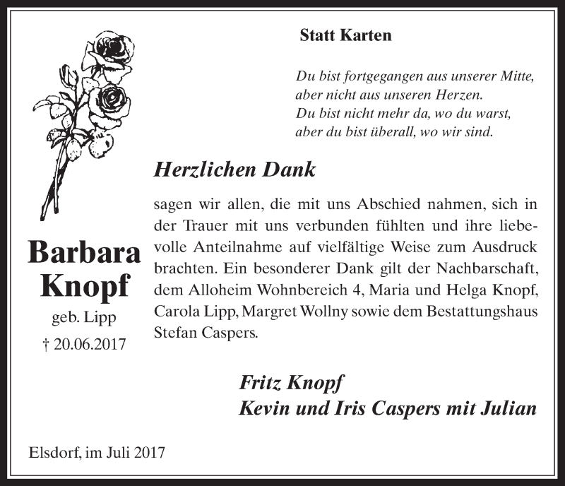  Traueranzeige für Barbara Knopf vom 29.07.2017 aus  Sonntags-Post 