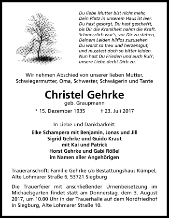 Anzeige von Christel Gehrke von Kölner Stadt-Anzeiger / Kölnische Rundschau / Express