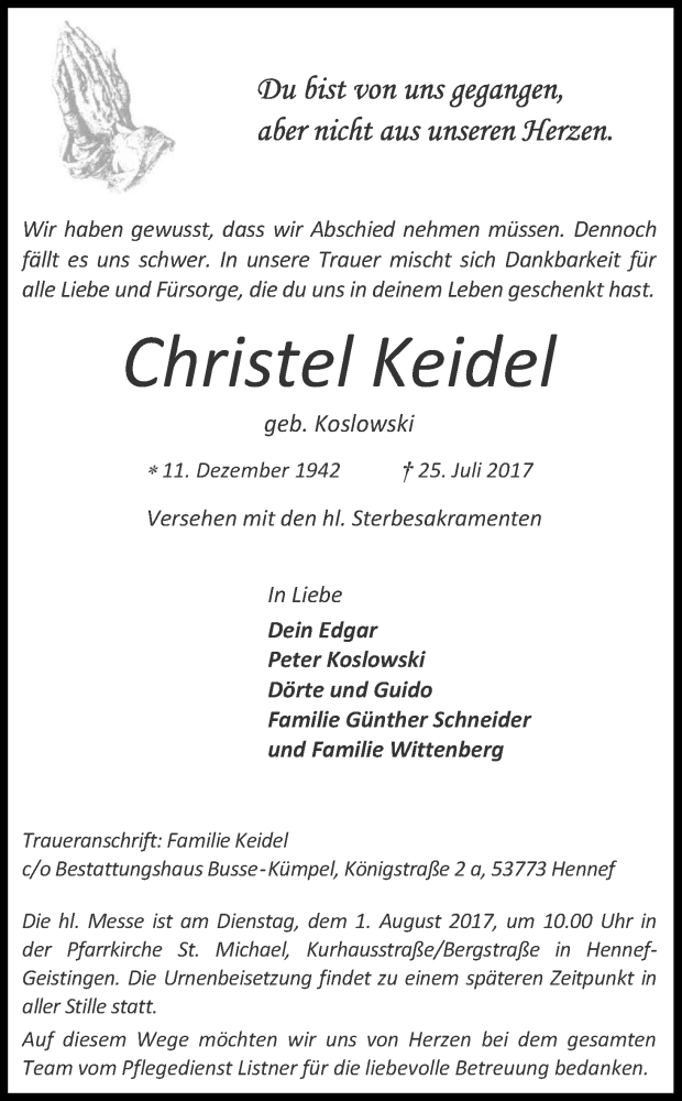  Traueranzeige für Christel Keidel vom 29.07.2017 aus Kölner Stadt-Anzeiger / Kölnische Rundschau / Express