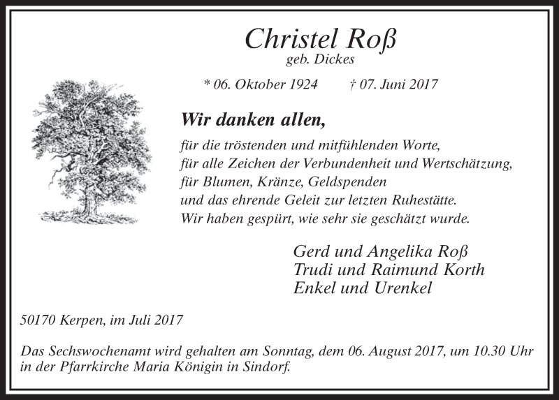  Traueranzeige für Christel Roß vom 29.07.2017 aus  Sonntags-Post 