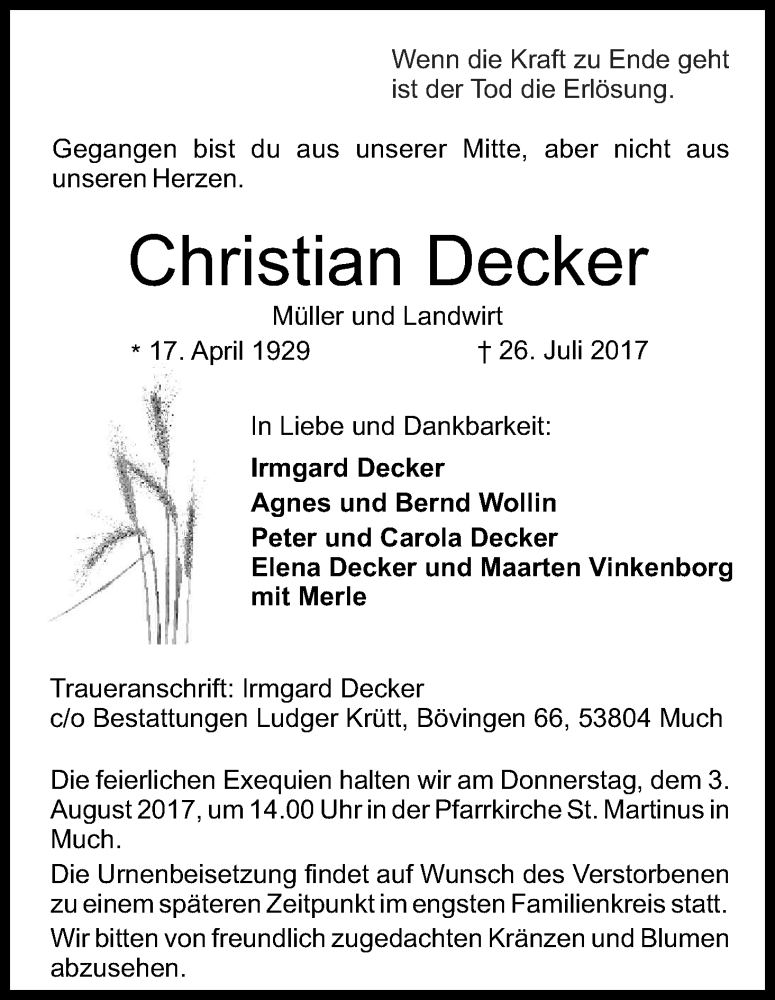  Traueranzeige für Christian Decker vom 29.07.2017 aus Kölner Stadt-Anzeiger / Kölnische Rundschau / Express