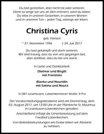 Anzeige von Christina Cyris von Kölner Stadt-Anzeiger / Kölnische Rundschau / Express