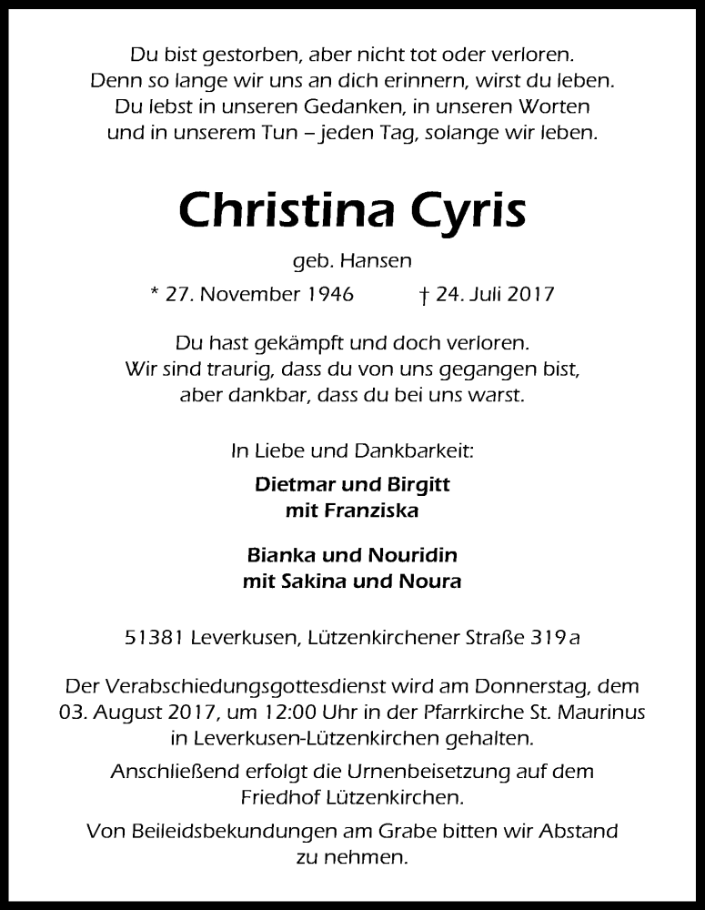  Traueranzeige für Christina Cyris vom 29.07.2017 aus Kölner Stadt-Anzeiger / Kölnische Rundschau / Express