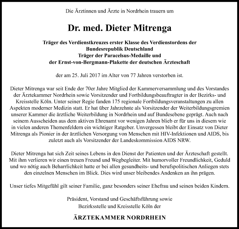  Traueranzeige für Dieter Mitrenga vom 29.07.2017 aus Kölner Stadt-Anzeiger / Kölnische Rundschau / Express