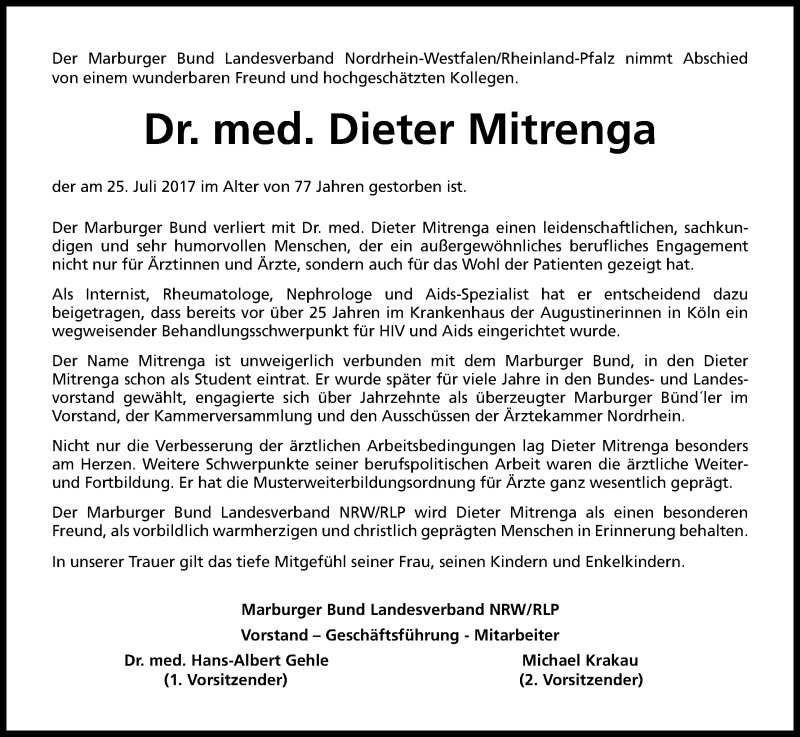  Traueranzeige für Dieter Mitrenga vom 29.07.2017 aus Kölner Stadt-Anzeiger / Kölnische Rundschau / Express