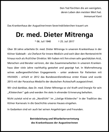 Anzeige von Dieter Mitrenga von Kölner Stadt-Anzeiger / Kölnische Rundschau / Express