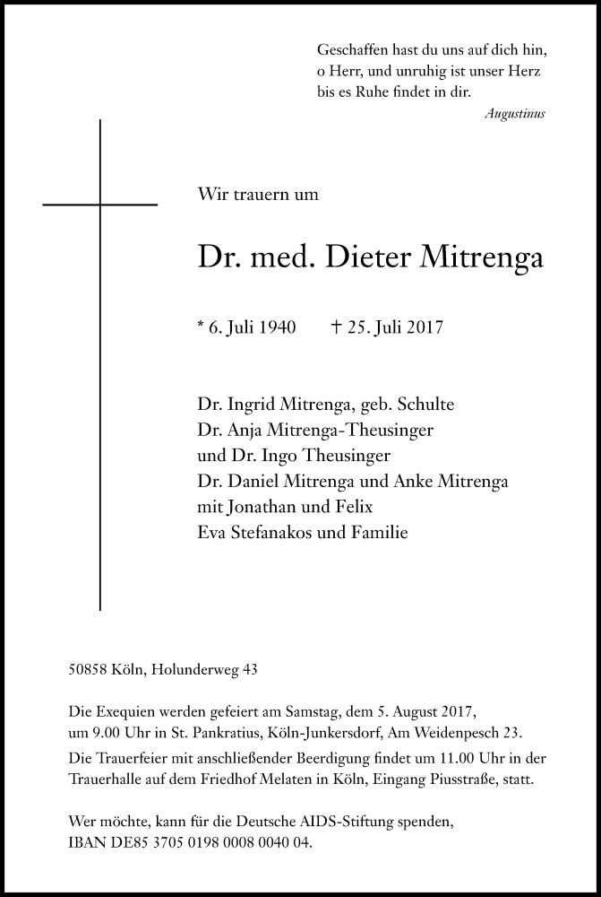  Traueranzeige für Dieter Mitrenga vom 29.07.2017 aus Kölner Stadt-Anzeiger / Kölnische Rundschau / Express