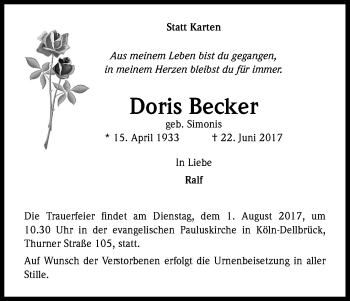 Anzeige von Doris Becker von Kölner Stadt-Anzeiger / Kölnische Rundschau / Express
