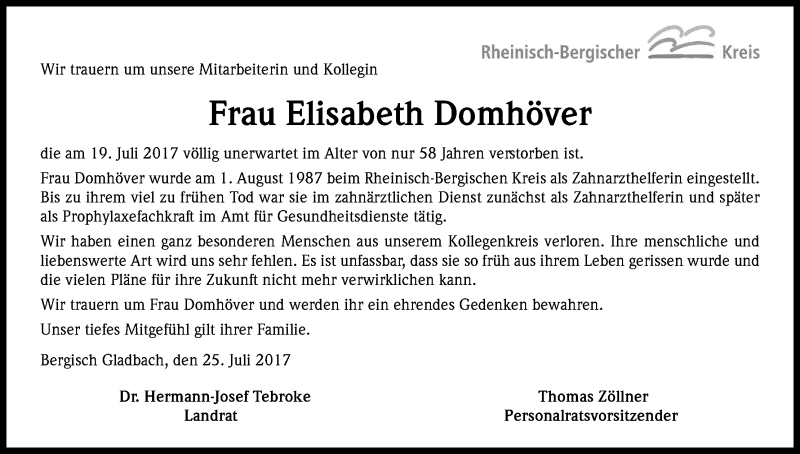  Traueranzeige für Elisabeth Domhöver vom 29.07.2017 aus Kölner Stadt-Anzeiger / Kölnische Rundschau / Express