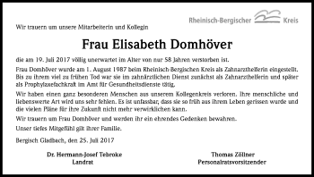 Anzeige von Elisabeth Domhöver von Kölner Stadt-Anzeiger / Kölnische Rundschau / Express
