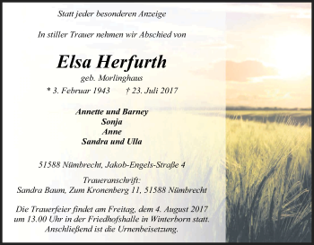 Anzeige von Elsa Herfurth von Kölner Stadt-Anzeiger / Kölnische Rundschau / Express