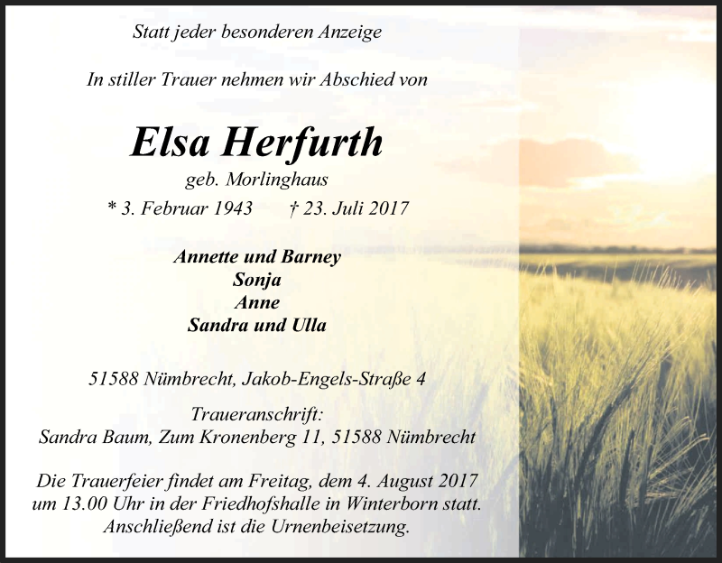  Traueranzeige für Elsa Herfurth vom 29.07.2017 aus Kölner Stadt-Anzeiger / Kölnische Rundschau / Express