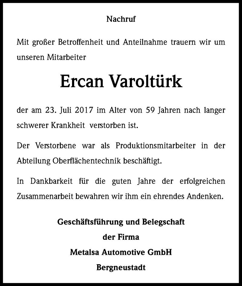  Traueranzeige für Ercan Varoltürk vom 29.07.2017 aus Kölner Stadt-Anzeiger / Kölnische Rundschau / Express