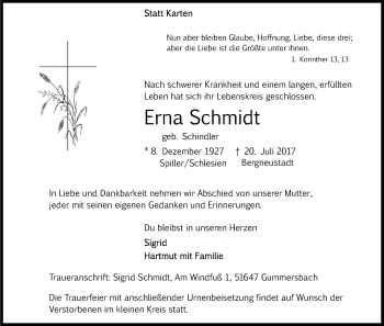 Anzeige von Erna Schmidt von Kölner Stadt-Anzeiger / Kölnische Rundschau / Express