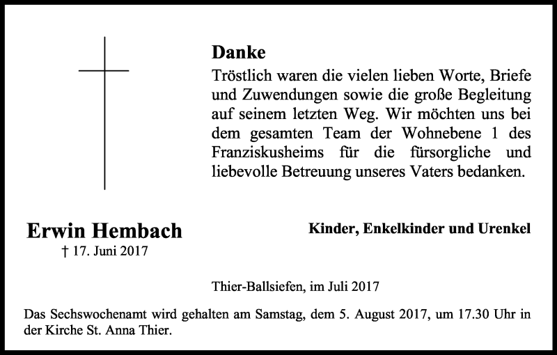  Traueranzeige für Erwin Hembach vom 29.07.2017 aus Kölner Stadt-Anzeiger / Kölnische Rundschau / Express