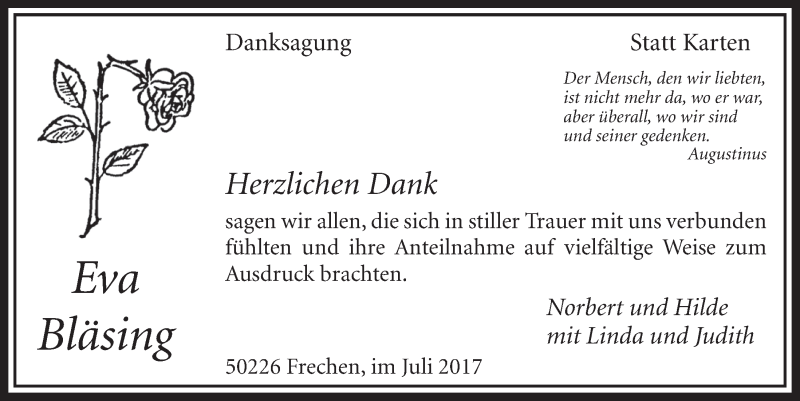  Traueranzeige für Eva Bläsing vom 29.07.2017 aus  Sonntags-Post 