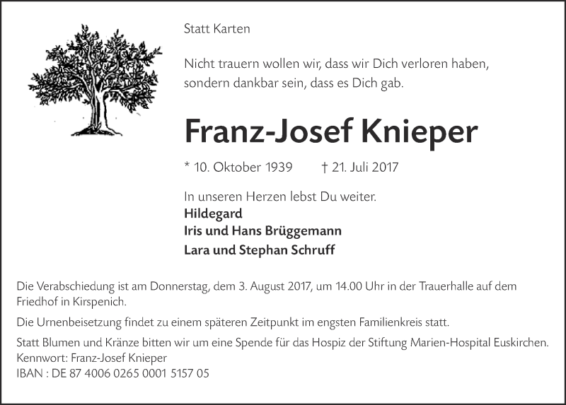  Traueranzeige für Franz-Josef Knieper vom 29.07.2017 aus  Blickpunkt Euskirchen 