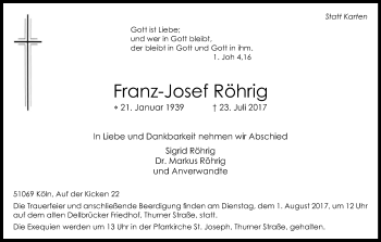 Anzeige von Franz-Josef Röhrig von Kölner Stadt-Anzeiger / Kölnische Rundschau / Express
