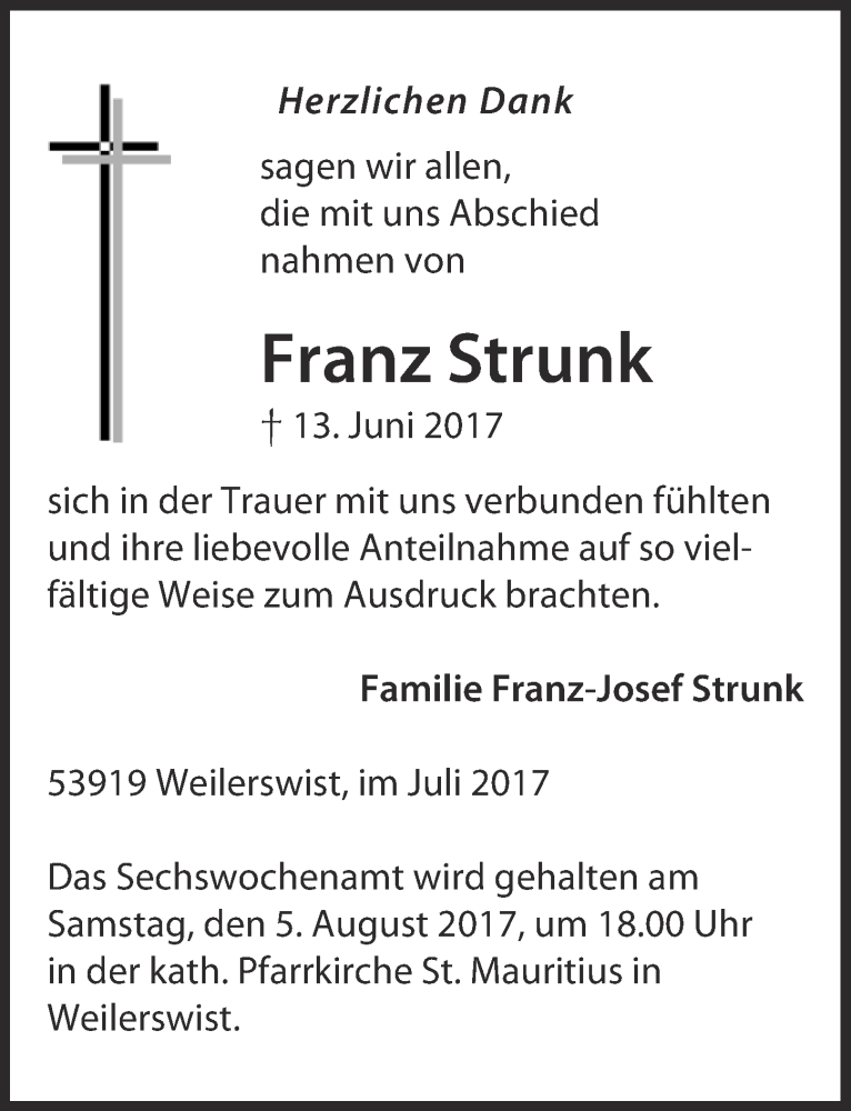  Traueranzeige für Franz Strunk vom 29.07.2017 aus  Blickpunkt Euskirchen 