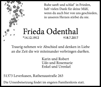 Anzeige von Frieda Odenthal von Kölner Stadt-Anzeiger / Kölnische Rundschau / Express