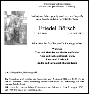 Anzeige von Friedel Börsch von Kölner Stadt-Anzeiger / Kölnische Rundschau / Express