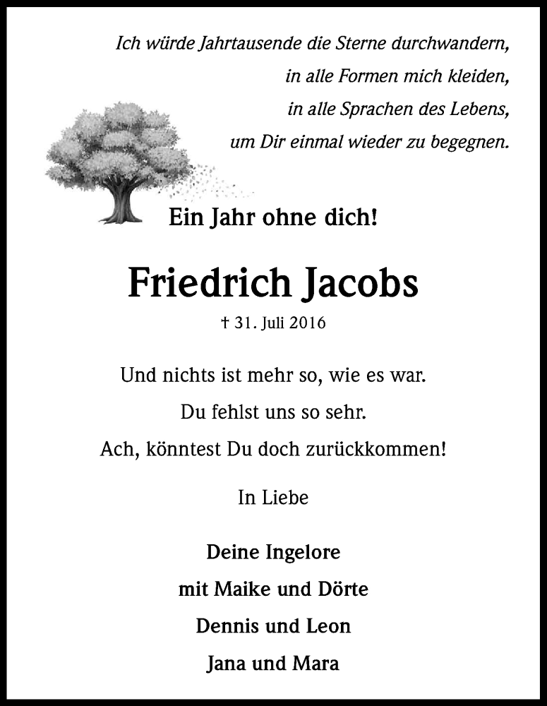  Traueranzeige für Friedrich Jacobs vom 31.07.2017 aus Kölner Stadt-Anzeiger / Kölnische Rundschau / Express