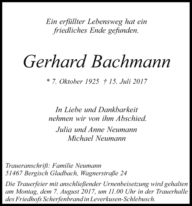 Traueranzeige für Gerhard Bachmann vom 29.07.2017 aus Kölner Stadt-Anzeiger / Kölnische Rundschau / Express