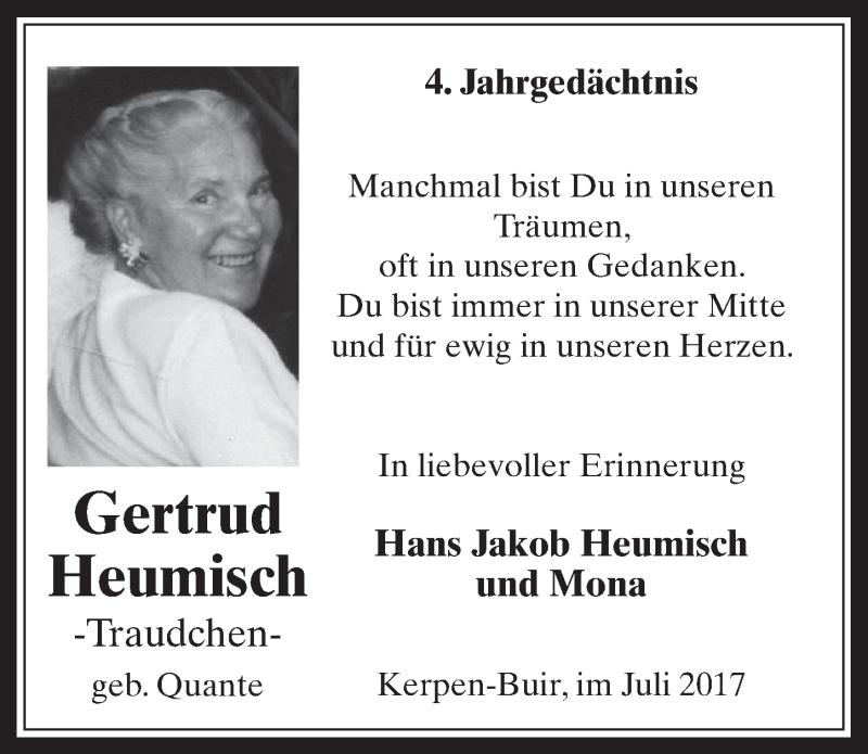  Traueranzeige für Gertrud Heumisch vom 29.07.2017 aus  Sonntags-Post 