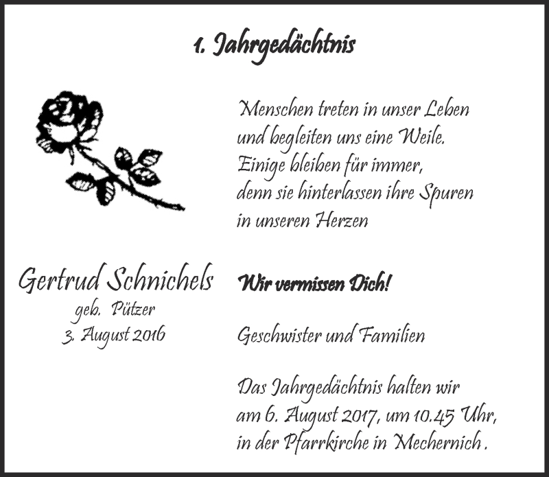  Traueranzeige für Gertrud Schnichels vom 29.07.2017 aus  Blickpunkt Euskirchen 