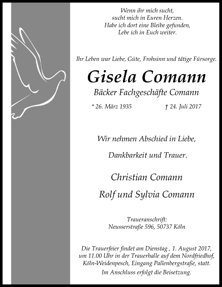  Traueranzeige für Gisela Comann vom 29.07.2017 aus Kölner Stadt-Anzeiger / Kölnische Rundschau / Express