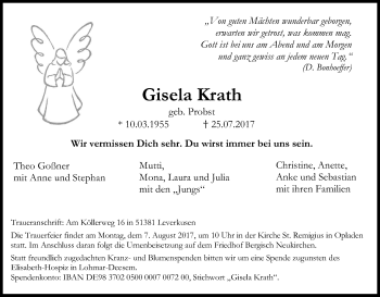 Anzeige von Gisela Krath von Kölner Stadt-Anzeiger / Kölnische Rundschau / Express