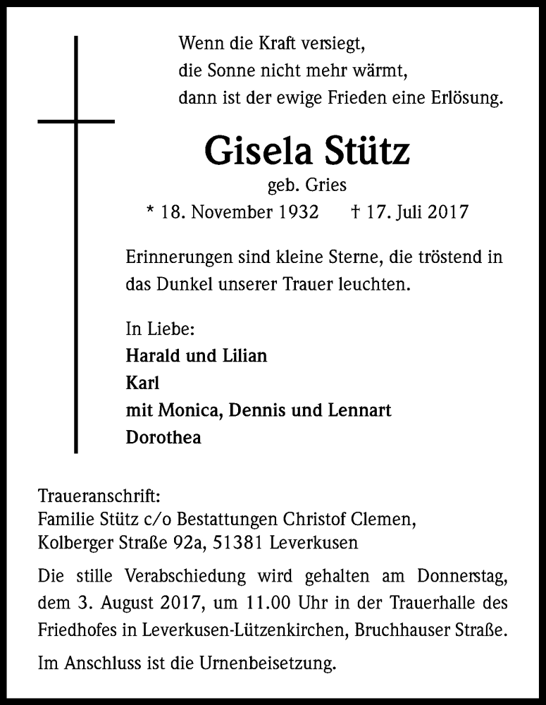 Traueranzeige für Gisela Stütz vom 29.07.2017 aus Kölner Stadt-Anzeiger / Kölnische Rundschau / Express