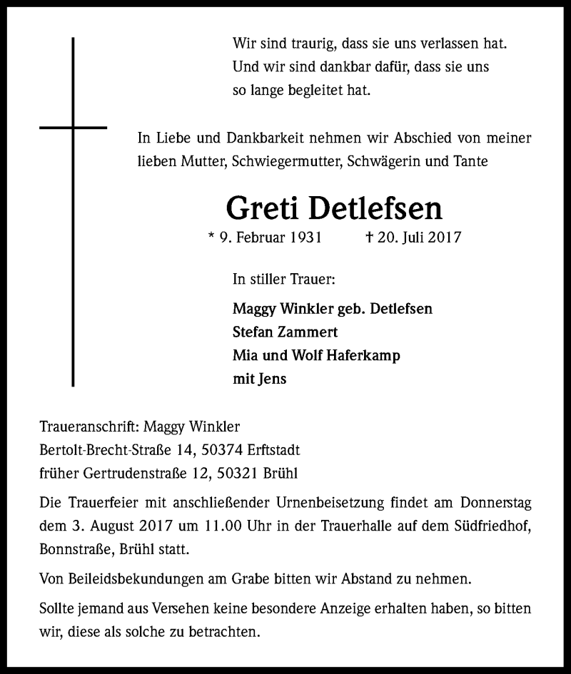  Traueranzeige für Grell Detlefsen vom 31.07.2017 aus Kölner Stadt-Anzeiger / Kölnische Rundschau / Express