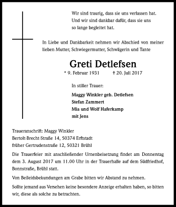 Anzeige von Grell Detlefsen von Kölner Stadt-Anzeiger / Kölnische Rundschau / Express
