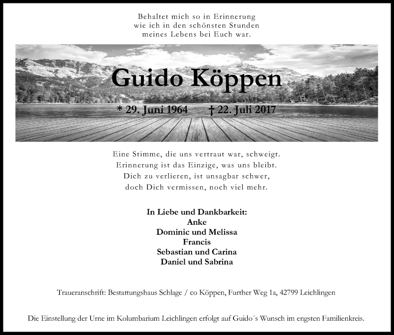  Traueranzeige für Guido Köppen vom 29.07.2017 aus Kölner Stadt-Anzeiger / Kölnische Rundschau / Express