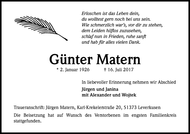  Traueranzeige für Günter Matern vom 29.07.2017 aus Kölner Stadt-Anzeiger / Kölnische Rundschau / Express
