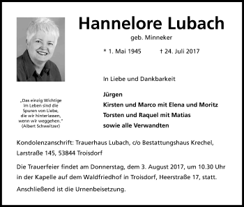 Anzeige von Hannelore Lubach von Kölner Stadt-Anzeiger / Kölnische Rundschau / Express