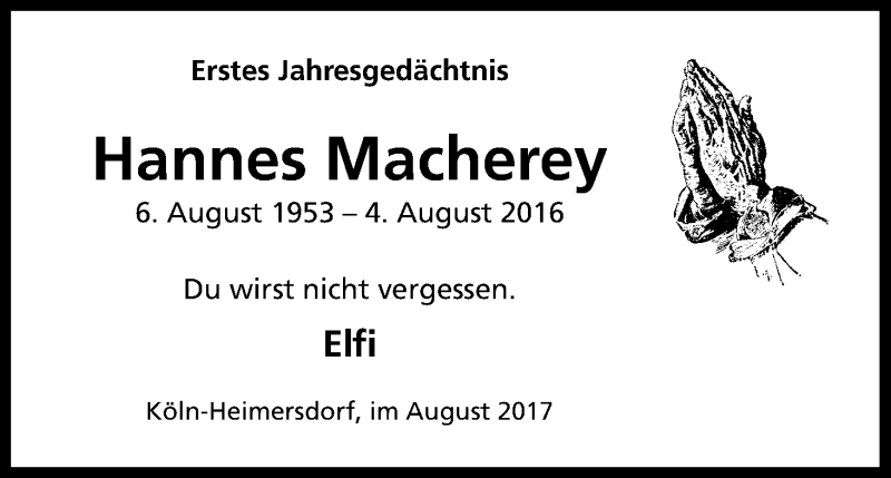  Traueranzeige für Hannes Macherey vom 29.07.2017 aus Kölner Stadt-Anzeiger / Kölnische Rundschau / Express
