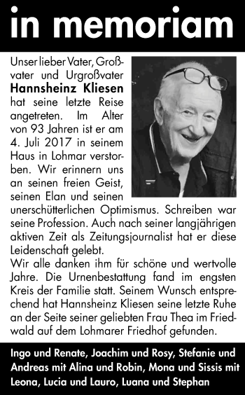 Anzeige von Hannsheinz Kliesen von Kölner Stadt-Anzeiger / Kölnische Rundschau / Express