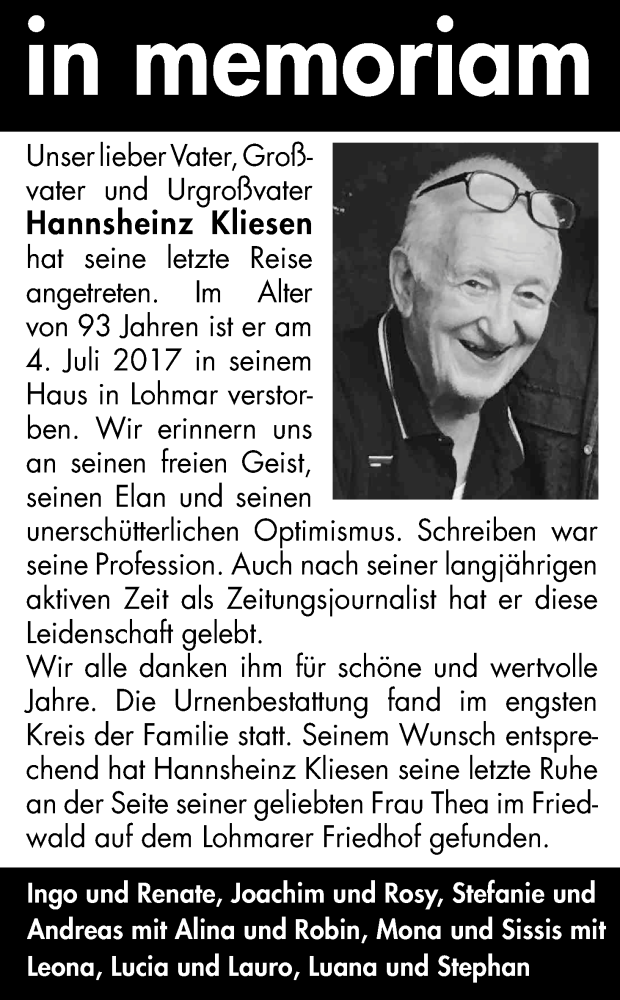  Traueranzeige für Hannsheinz Kliesen vom 29.07.2017 aus Kölner Stadt-Anzeiger / Kölnische Rundschau / Express
