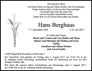 Anzeige von Hans Berghaus von Kölner Stadt-Anzeiger / Kölnische Rundschau / Express