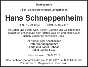 Anzeige von Hans Schneppenheim von  Blickpunkt Euskirchen 