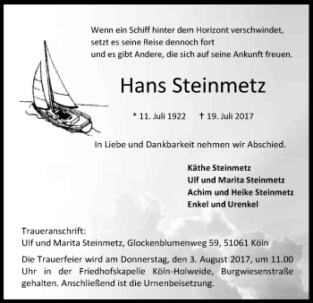 Anzeige von Hans Steinmetz von Kölner Stadt-Anzeiger / Kölnische Rundschau / Express