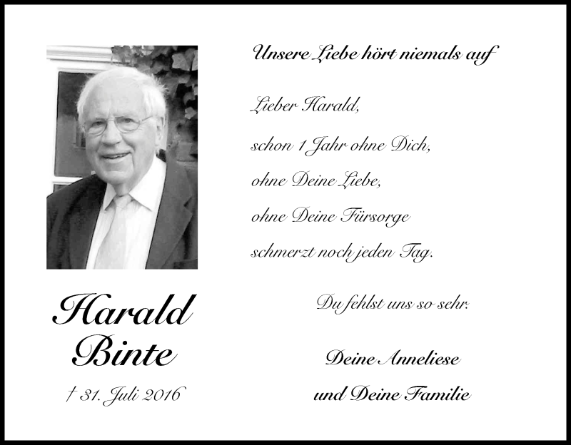  Traueranzeige für Harald Binte vom 31.07.2017 aus Kölner Stadt-Anzeiger / Kölnische Rundschau / Express