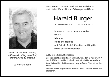 Anzeige von Harald Burger von Kölner Stadt-Anzeiger / Kölnische Rundschau / Express